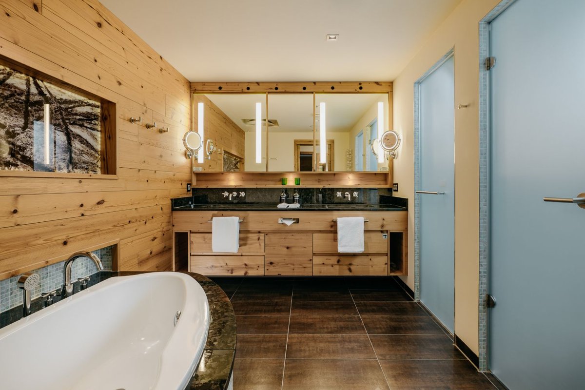 A wood-paneled bathroom