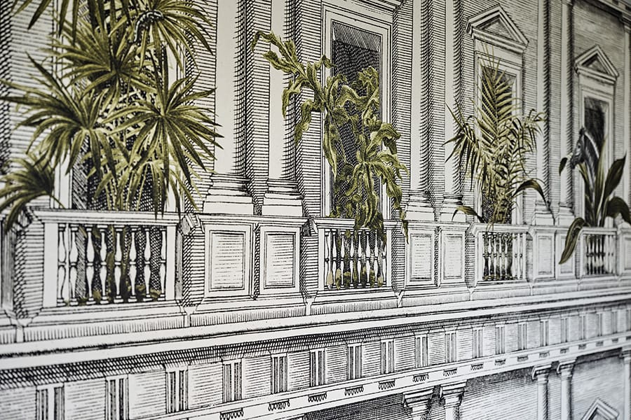 A black and white drawing of a hallway with large plants in the event location in Baden Baden
